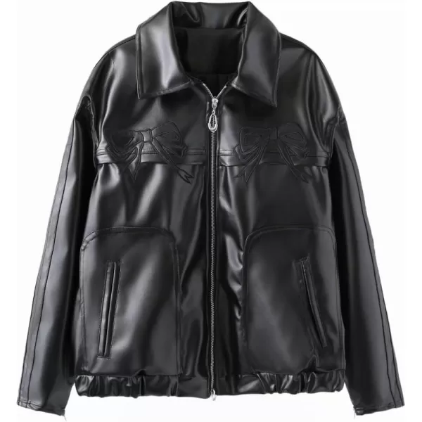 chouyatou Womens Y2K Bowknot Zip Up Faux Leather Jacket Contrast Striped Moto PU Leather Coat with PocketsBlack