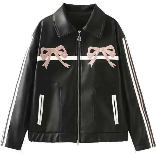 chouyatou Womens Y2K Bowknot Zip Up Faux Leather Jacket Contrast Striped Moto PU Leather Coat with PocketsPink