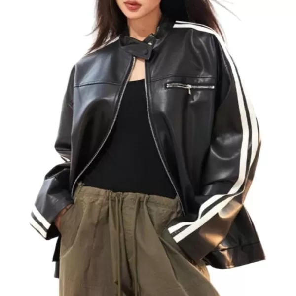 chouyatou Womens Y2k Moto PU Jacket Zip Up Bomber Jacket Stand Collar Faux Leather Jacket Coat with PocketsBlack