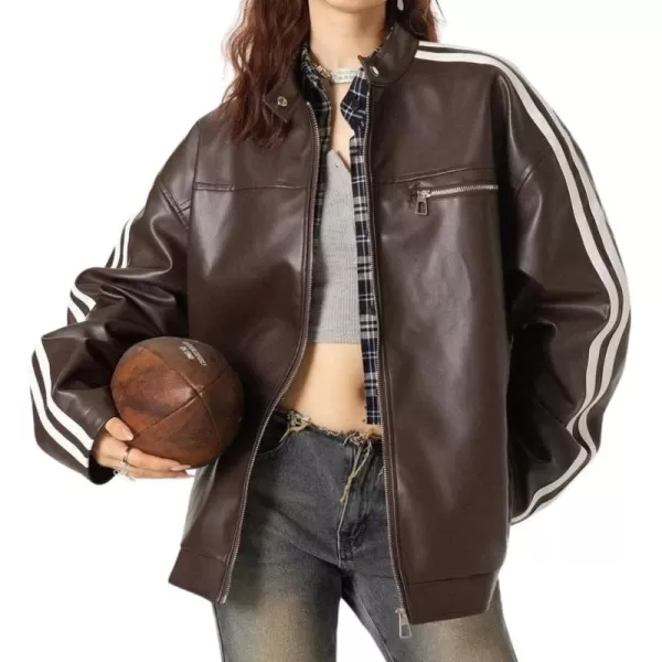 chouyatou Womens Y2k Moto PU Jacket Zip Up Bomber Jacket Stand Collar Faux Leather Jacket Coat with PocketsBrown