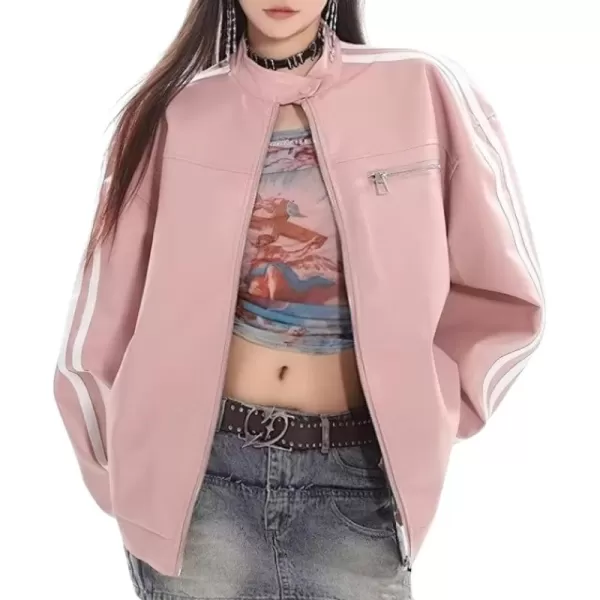 chouyatou Womens Y2k Moto PU Jacket Zip Up Bomber Jacket Stand Collar Faux Leather Jacket Coat with PocketsPink