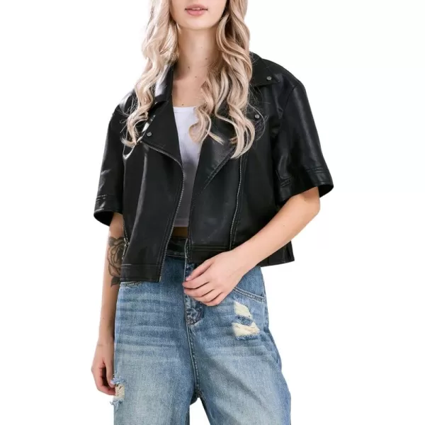 chouyatou Womens Zip Up Short Sleeve Faux Leather Jacket Motorcycle Crop PU Leather CoatBlack