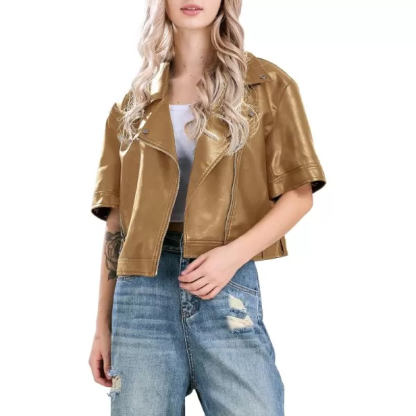 chouyatou Womens Zip Up Short Sleeve Faux Leather Jacket Motorcycle Crop PU Leather CoatBrown