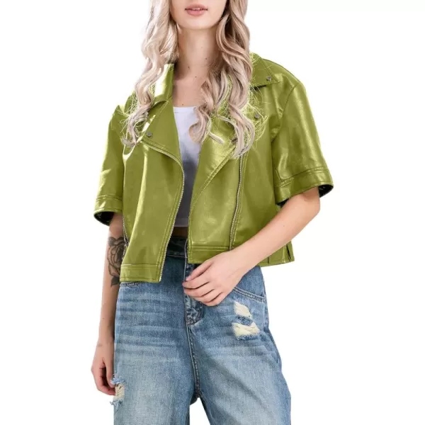 chouyatou Womens Zip Up Short Sleeve Faux Leather Jacket Motorcycle Crop PU Leather CoatGreen