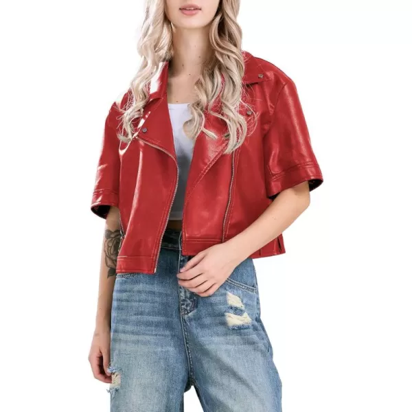 chouyatou Womens Zip Up Short Sleeve Faux Leather Jacket Motorcycle Crop PU Leather CoatRed