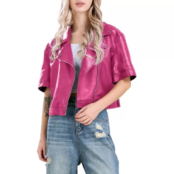 chouyatou Womens Zip Up Short Sleeve Faux Leather Jacket Motorcycle Crop PU Leather CoatRose Red