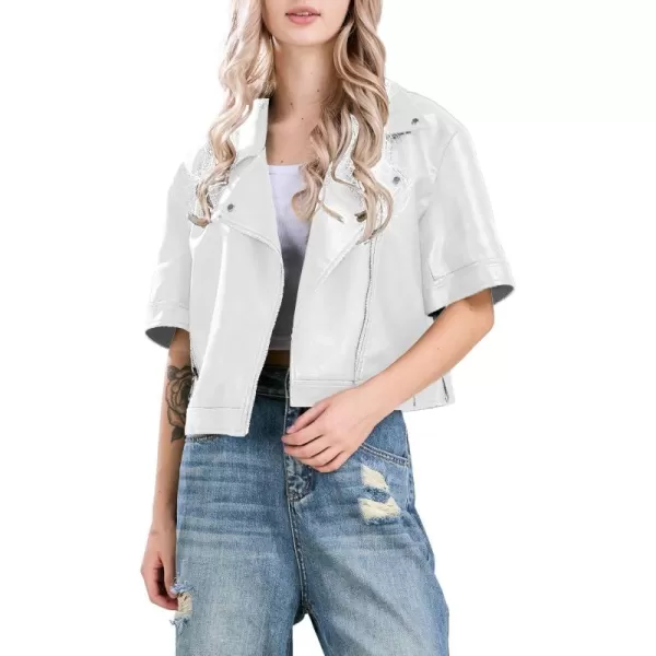 chouyatou Womens Zip Up Short Sleeve Faux Leather Jacket Motorcycle Crop PU Leather CoatWhite