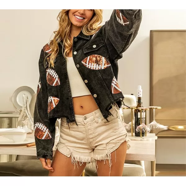 chouyatou Women Fall Sequin Rugby Distressed Corduroy Jacket Lightweight Frayed Oversized Denim JacketBlack
