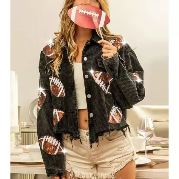 chouyatou Women Fall Sequin Rugby Distressed Corduroy Jacket Lightweight Frayed Oversized Denim JacketBlack