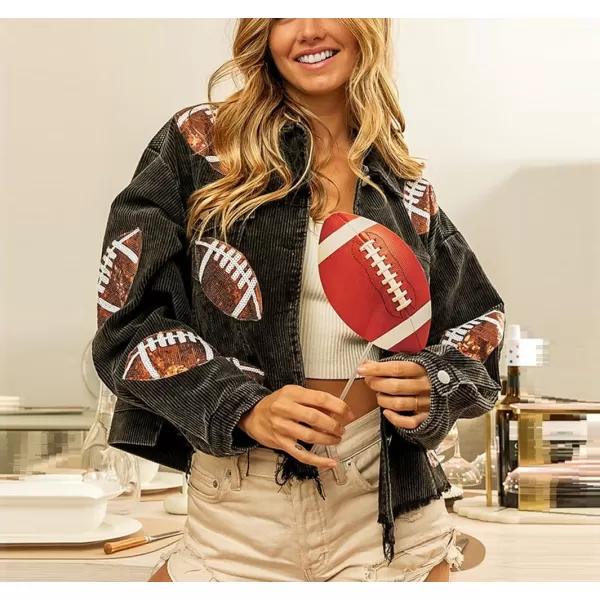 chouyatou Women Fall Sequin Rugby Distressed Corduroy Jacket Lightweight Frayed Oversized Denim JacketBlack