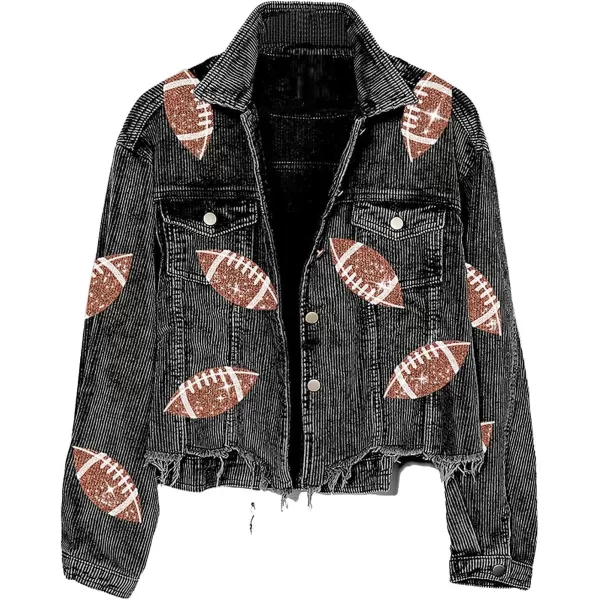 chouyatou Women Fall Sequin Rugby Distressed Corduroy Jacket Lightweight Frayed Oversized Denim JacketBlack