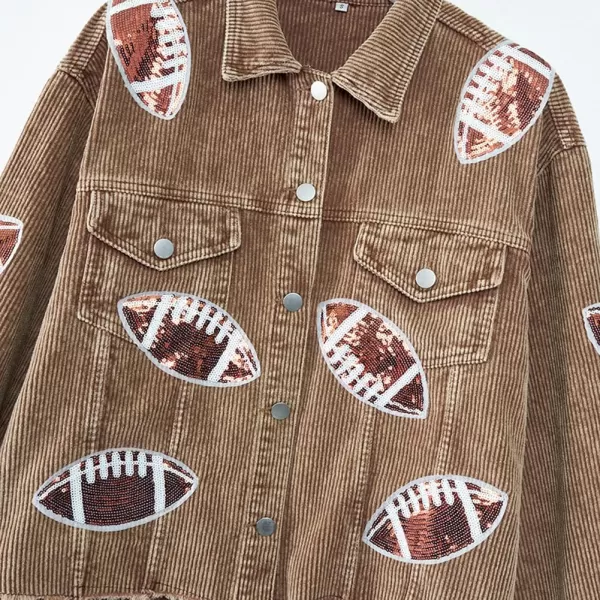 chouyatou Women Fall Sequin Rugby Distressed Corduroy Jacket Lightweight Frayed Oversized Denim JacketBrown