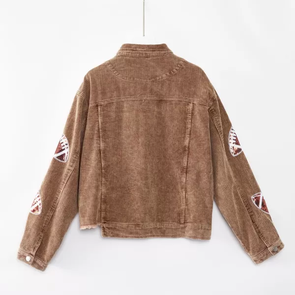 chouyatou Women Fall Sequin Rugby Distressed Corduroy Jacket Lightweight Frayed Oversized Denim JacketBrown