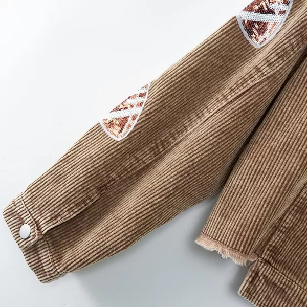 chouyatou Women Fall Sequin Rugby Distressed Corduroy Jacket Lightweight Frayed Oversized Denim JacketBrown