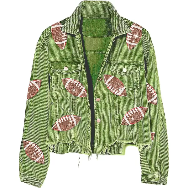 chouyatou Women Fall Sequin Rugby Distressed Corduroy Jacket Lightweight Frayed Oversized Denim JacketGreen