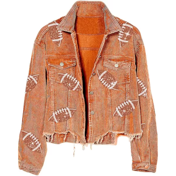 chouyatou Women Fall Sequin Rugby Distressed Corduroy Jacket Lightweight Frayed Oversized Denim JacketOrange