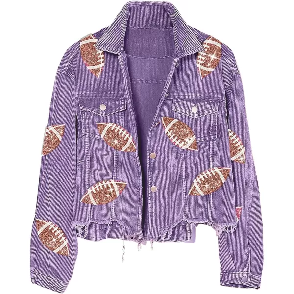 chouyatou Women Fall Sequin Rugby Distressed Corduroy Jacket Lightweight Frayed Oversized Denim JacketPurple