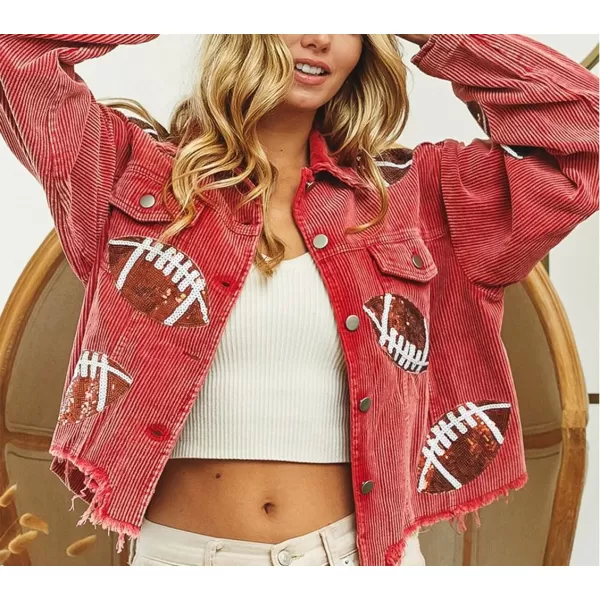 chouyatou Women Fall Sequin Rugby Distressed Corduroy Jacket Lightweight Frayed Oversized Denim JacketRed