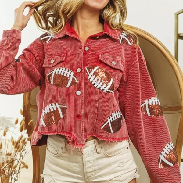 chouyatou Women Fall Sequin Rugby Distressed Corduroy Jacket Lightweight Frayed Oversized Denim JacketRed