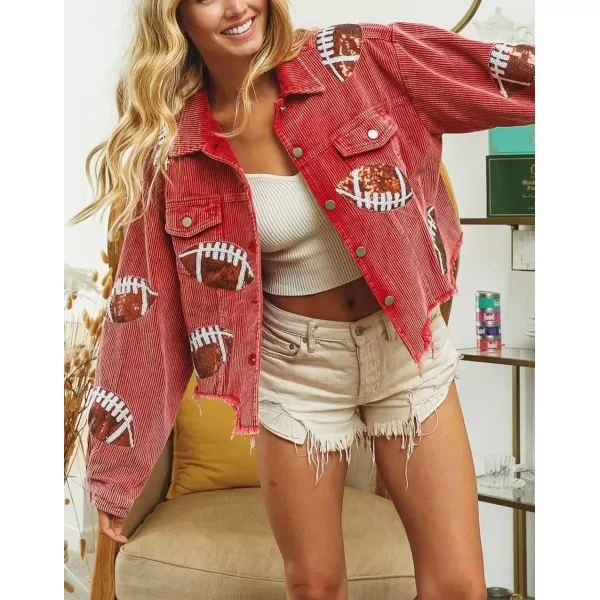 chouyatou Women Fall Sequin Rugby Distressed Corduroy Jacket Lightweight Frayed Oversized Denim JacketRed