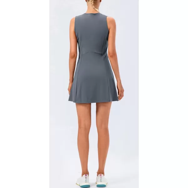 chouyatou Womens Active Sleeveless Crewneck FitFlare Tennis Workout Gym 2pcs Short Dress with Shorts Underneath PocketsGrey