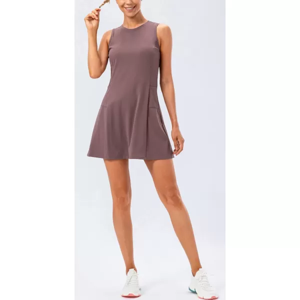 chouyatou Womens Active Sleeveless Crewneck FitFlare Tennis Workout Gym 2pcs Short Dress with Shorts Underneath PocketsPurple