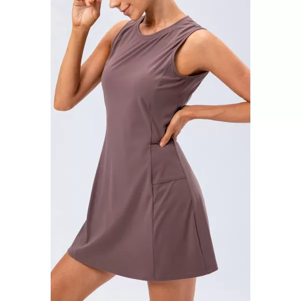 chouyatou Womens Active Sleeveless Crewneck FitFlare Tennis Workout Gym 2pcs Short Dress with Shorts Underneath PocketsPurple