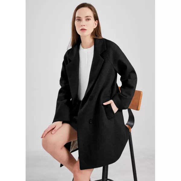 chouyatou Womens Casual Notch Lapel Double Breasted Warm Pea Coat OvercoatBlack