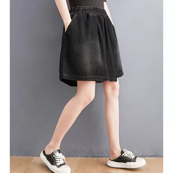 chouyatou Womens Cute Wide Leg Denim Skirt Shorts Elastic Waist A Line Jean Skorts with PocketsBlack