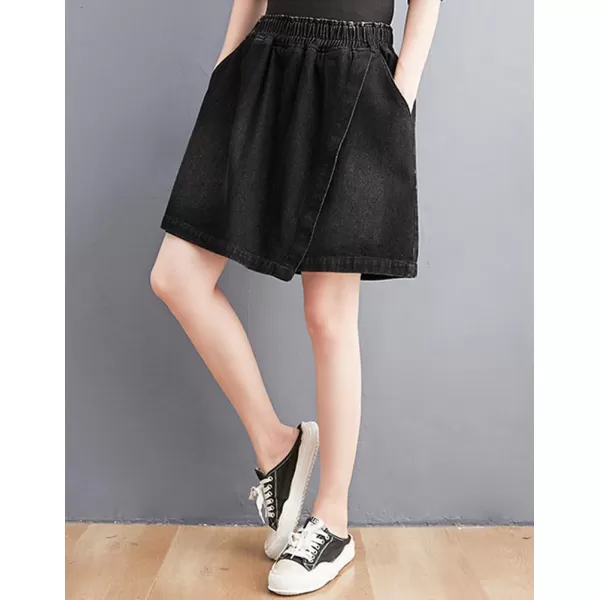 chouyatou Womens Cute Wide Leg Denim Skirt Shorts Elastic Waist A Line Jean Skorts with PocketsBlack