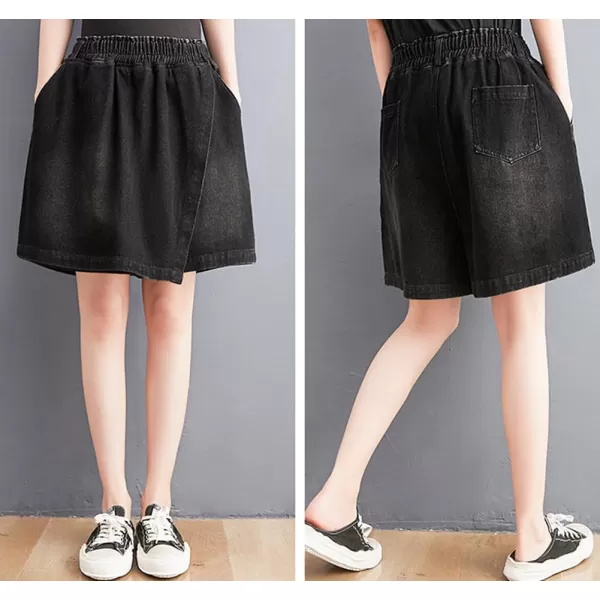 chouyatou Womens Cute Wide Leg Denim Skirt Shorts Elastic Waist A Line Jean Skorts with PocketsBlack