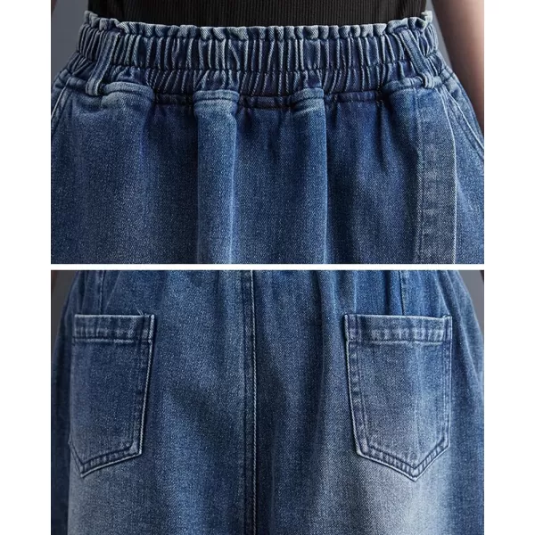 chouyatou Womens Cute Wide Leg Denim Skirt Shorts Elastic Waist A Line Jean Skorts with PocketsDark Blue