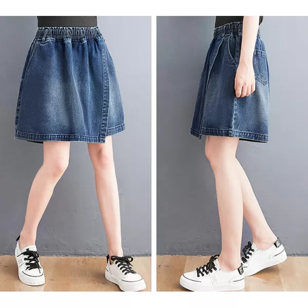 chouyatou Womens Cute Wide Leg Denim Skirt Shorts Elastic Waist A Line Jean Skorts with PocketsDark Blue