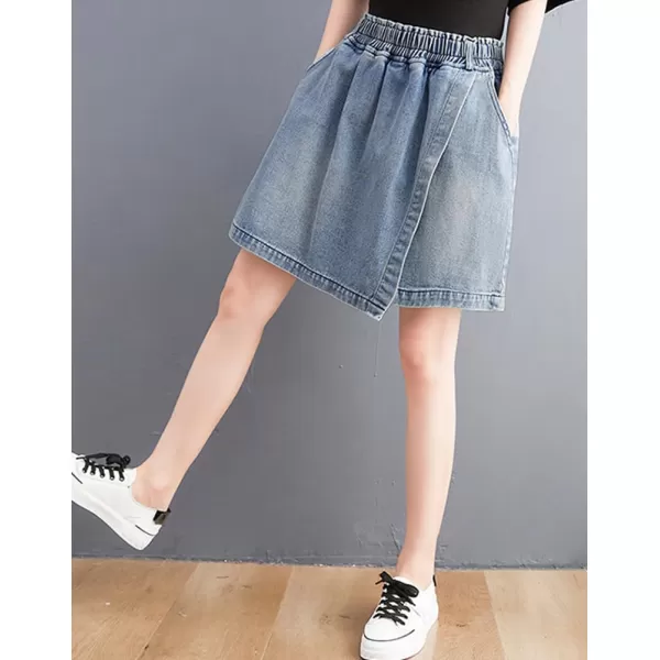 chouyatou Womens Cute Wide Leg Denim Skirt Shorts Elastic Waist A Line Jean Skorts with PocketsLight Blue