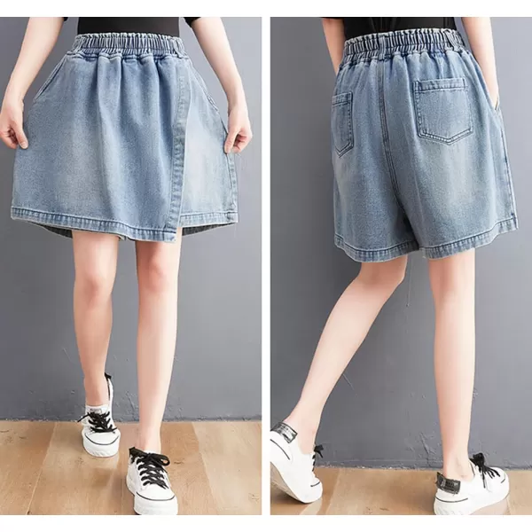 chouyatou Womens Cute Wide Leg Denim Skirt Shorts Elastic Waist A Line Jean Skorts with PocketsLight Blue