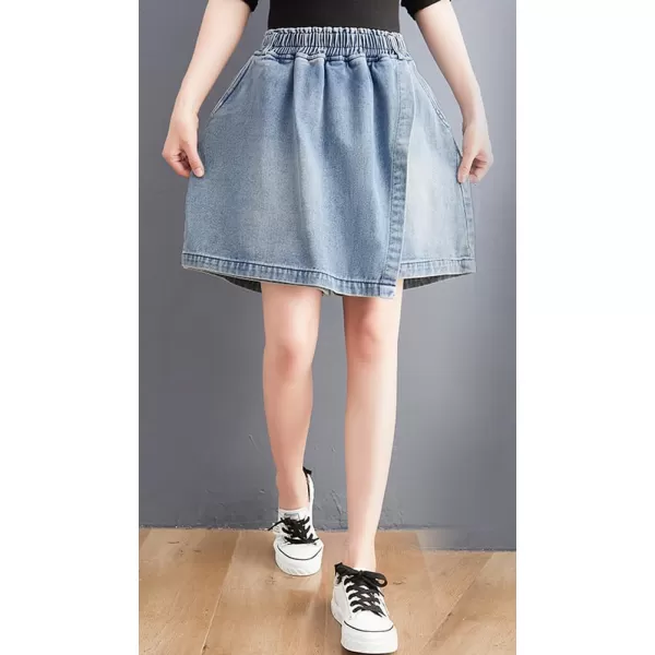 chouyatou Womens Cute Wide Leg Denim Skirt Shorts Elastic Waist A Line Jean Skorts with PocketsLight Blue