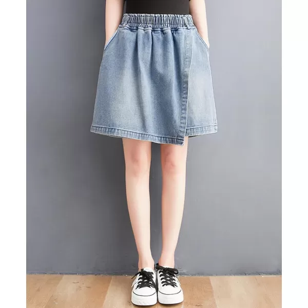 chouyatou Womens Cute Wide Leg Denim Skirt Shorts Elastic Waist A Line Jean Skorts with PocketsLight Blue