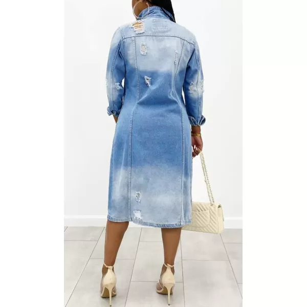 chouyatou Womens Distressed Hole Over Knee Midi Long Denim Jacket Trench CoatBlue