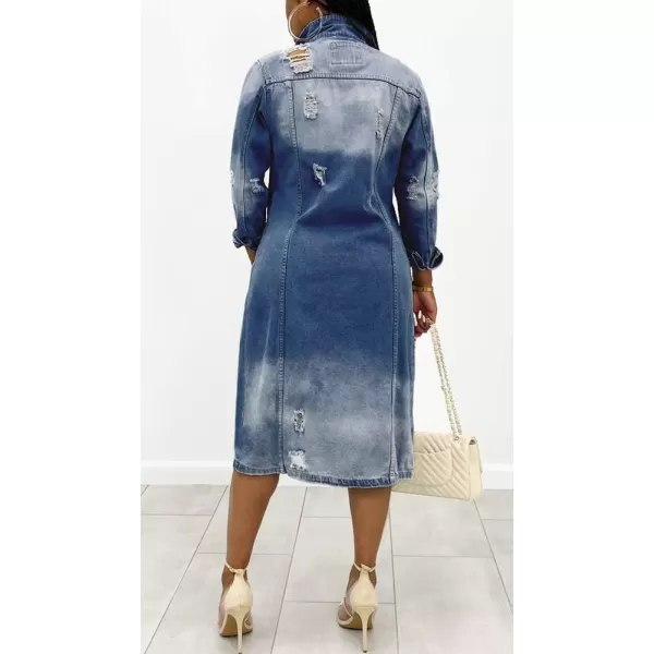 chouyatou Womens Distressed Hole Over Knee Midi Long Denim Jacket Trench CoatDark Blue