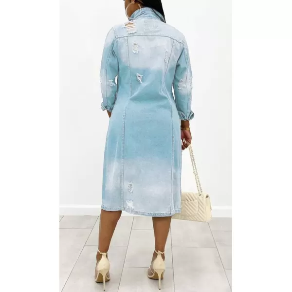 chouyatou Womens Distressed Hole Over Knee Midi Long Denim Jacket Trench CoatLight Blue