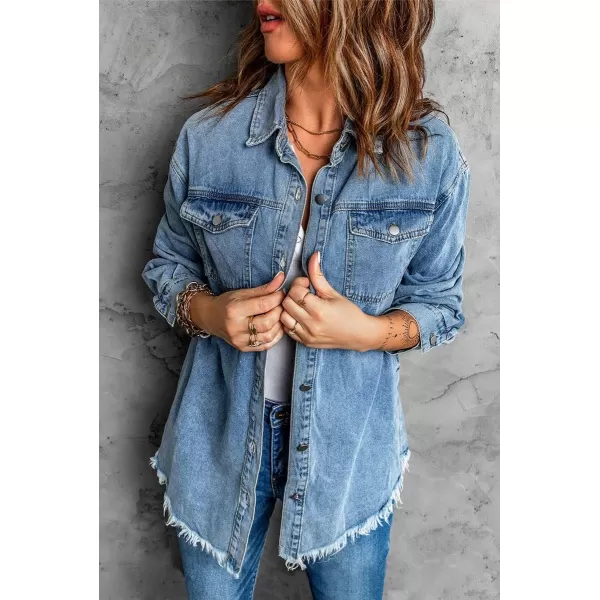 chouyatou Womens Distressed Oversize Frayed Hem Trucker Denim Jean Jacket Shirt ShacketBlue