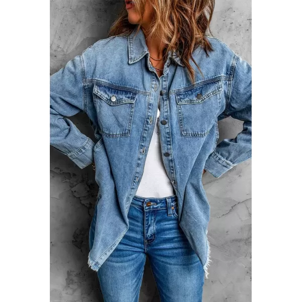 chouyatou Womens Distressed Oversize Frayed Hem Trucker Denim Jean Jacket Shirt ShacketBlue