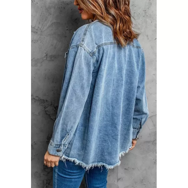 chouyatou Womens Distressed Oversize Frayed Hem Trucker Denim Jean Jacket Shirt ShacketBlue