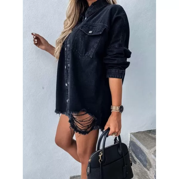 chouyatou Womens Distressed Ripped Batwing Sleeves Boyfriend Denim Jean Shirts JacketBlack