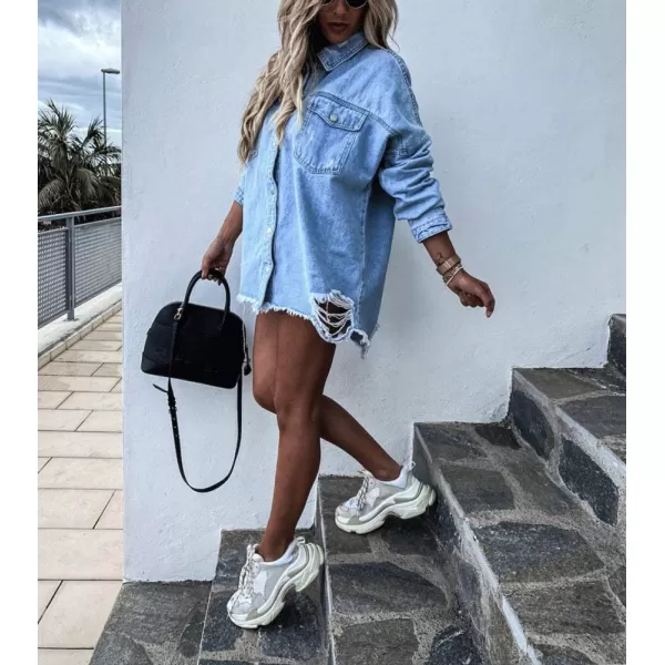 chouyatou Womens Distressed Ripped Batwing Sleeves Boyfriend Denim Jean Shirts JacketLight Blue