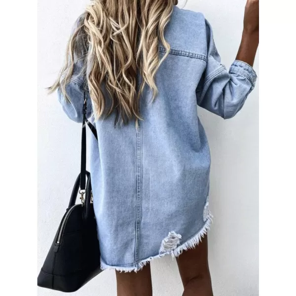 chouyatou Womens Distressed Ripped Batwing Sleeves Boyfriend Denim Jean Shirts JacketLight Blue