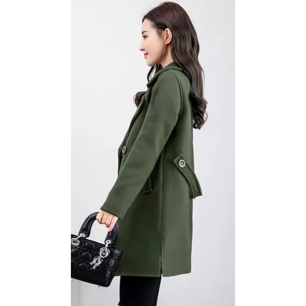 chouyatou Womens Elegant Lapel Collar Double Breasted Wool Blend Pea Coat with BeltArmy Green
