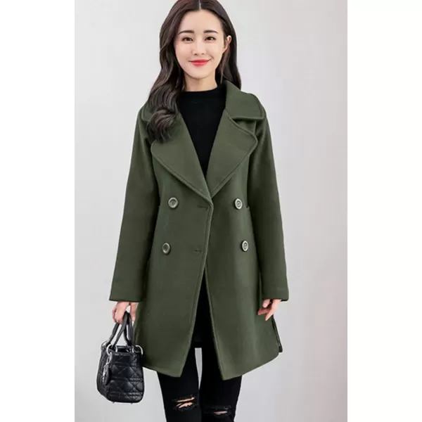 chouyatou Womens Elegant Lapel Collar Double Breasted Wool Blend Pea Coat with BeltArmy Green
