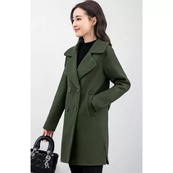 chouyatou Womens Elegant Lapel Collar Double Breasted Wool Blend Pea Coat with BeltArmy Green