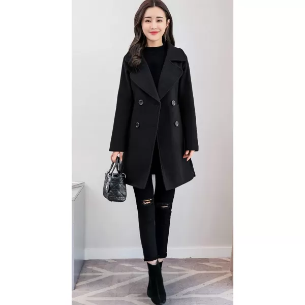 chouyatou Womens Elegant Lapel Collar Double Breasted Wool Blend Pea Coat with BeltBlack